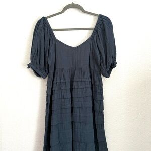 SHORE Blue Tiered Pleated Mini Sundress with Puff Sleeves